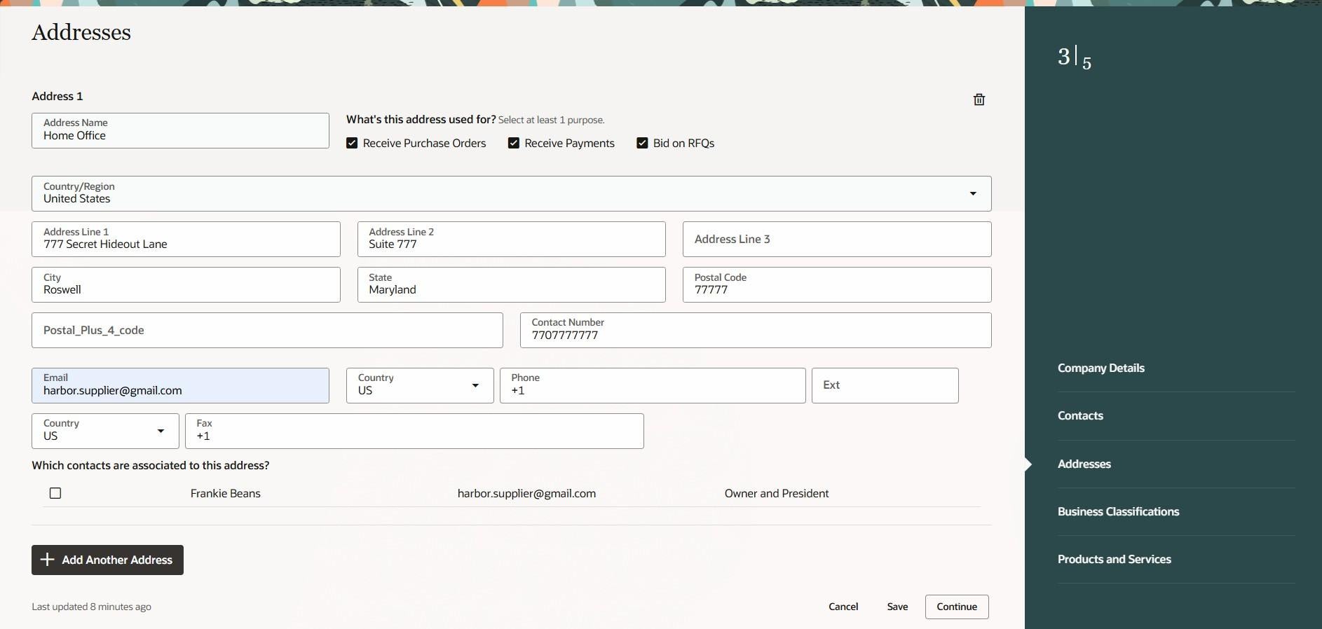 The "How to register 20.jpg" image shows the "Addresses" section of the HARBOR form with a contact association checklist and an "+ Add Another Address" button.