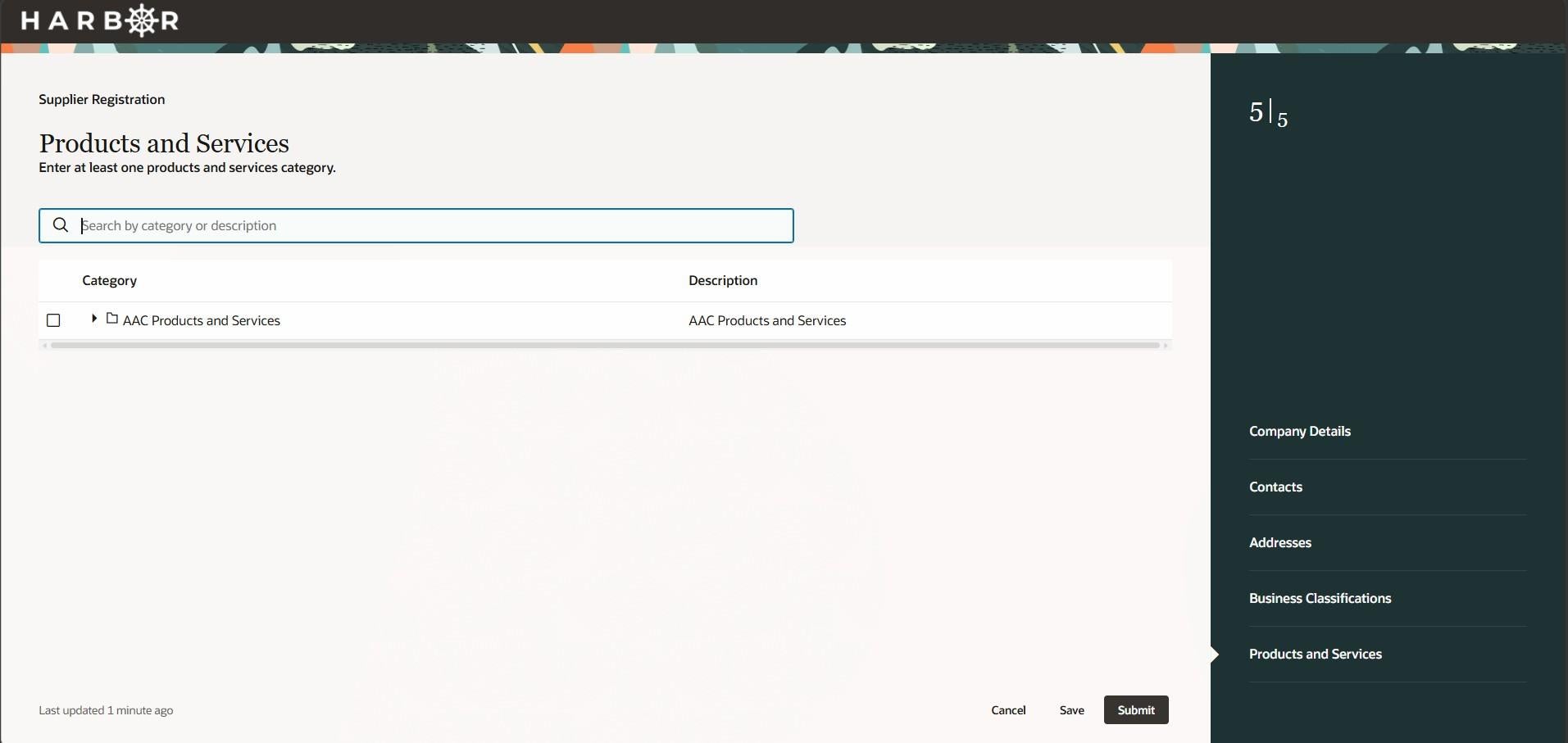 The "How to register 25.jpg" image shows step 5 of 5, "Products and Services," on the HARBOR form with a search field and a category table above a "Submit" button.