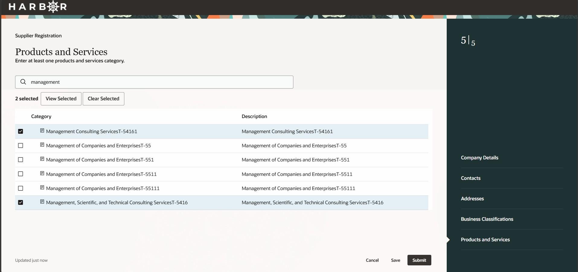 The "How to register 26.jpg" image shows step 5 of 5, "Products and Services," on the HARBOR form with "management" searched and two categories selected.