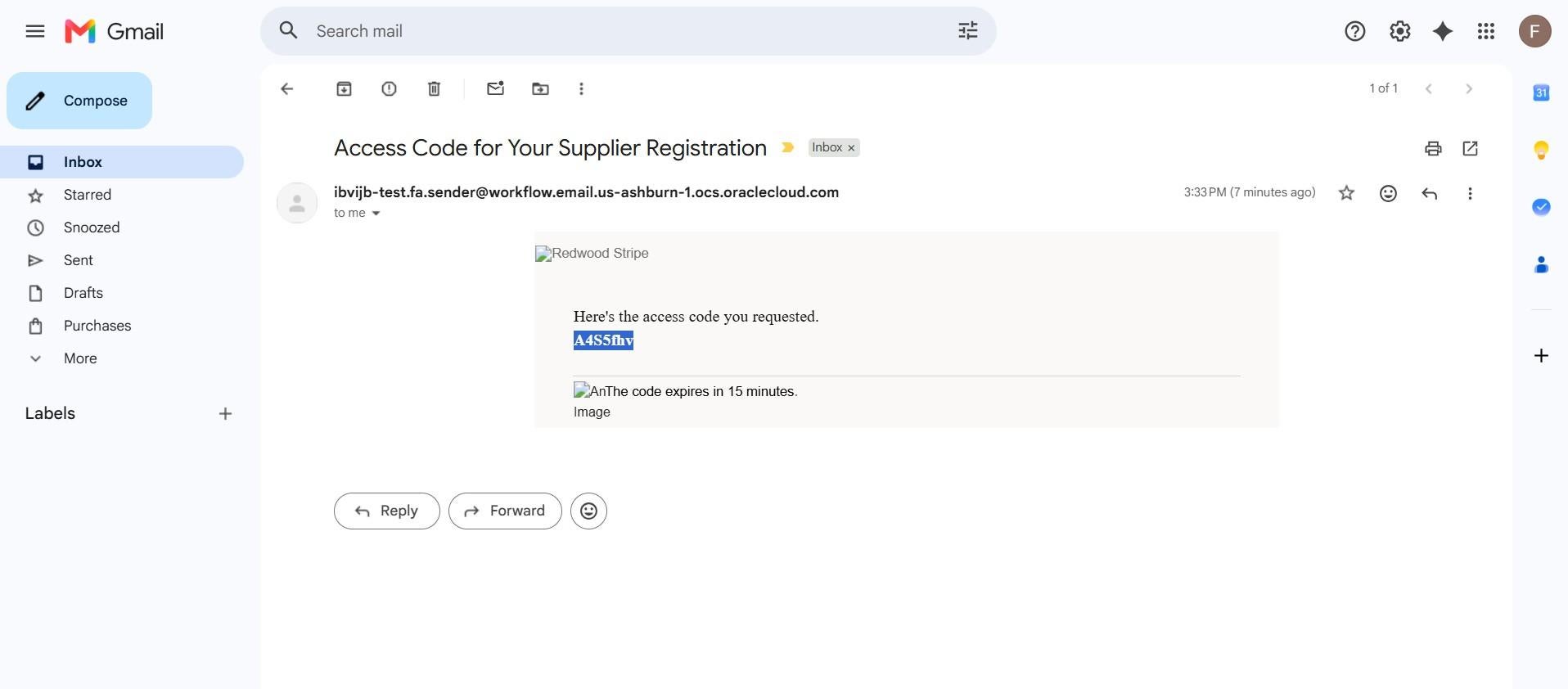 An opened Gmail message titled "Access Code for Your Supplier Registration" showing a highlighted registration code, "A4S5fhv".
