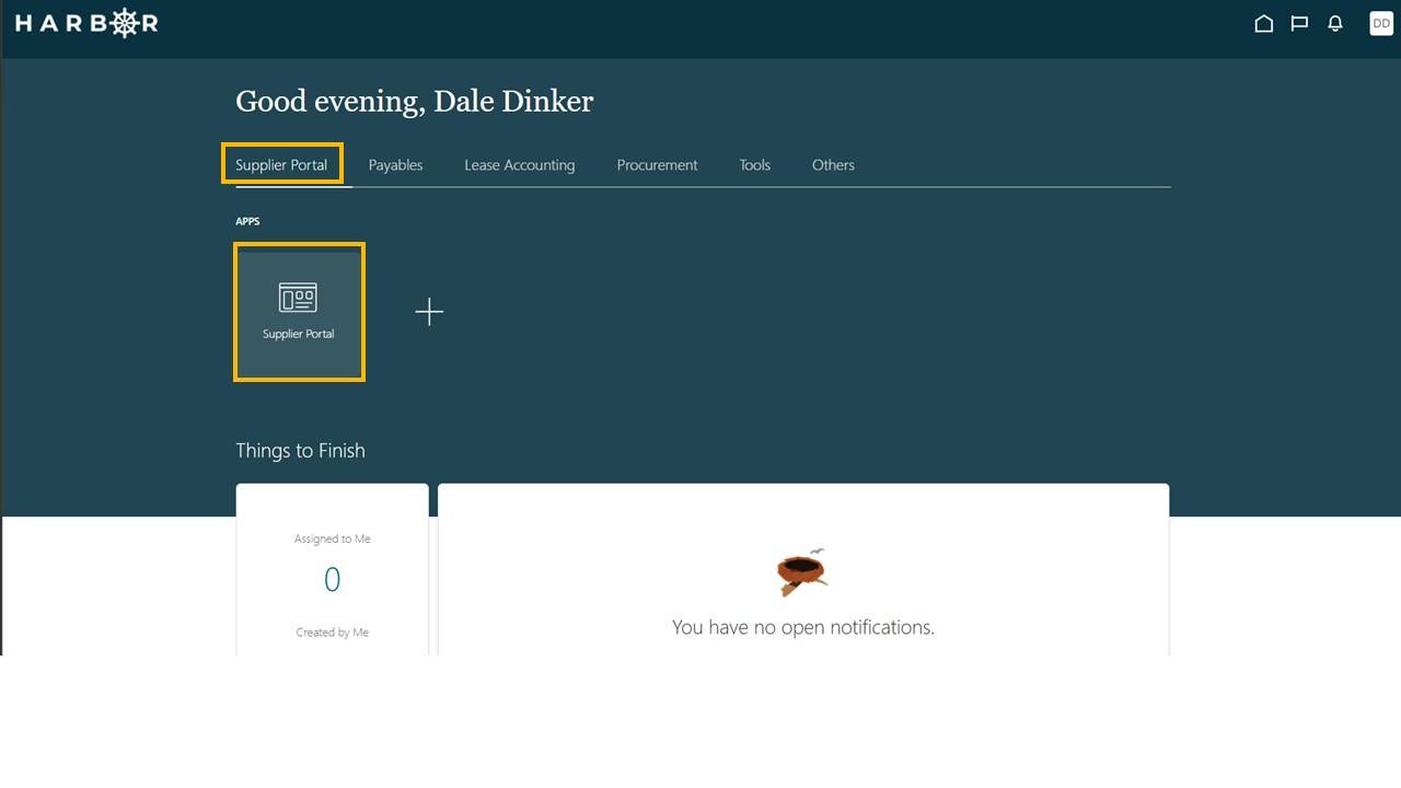 The "Intro Basic Nav 2.jpg" image shows the HARBOR homepage greeting "Good afternoon," with the "Supplier Portal" tab and app icon highlighted.