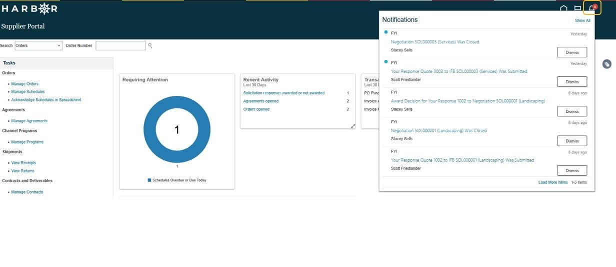 The "Intro Basic Nav 4.jpg" image shows the HARBOR Supplier Portal dashboard, highlighting a "Tasks" sidebar menu and main widgets like "Requiring Attention."