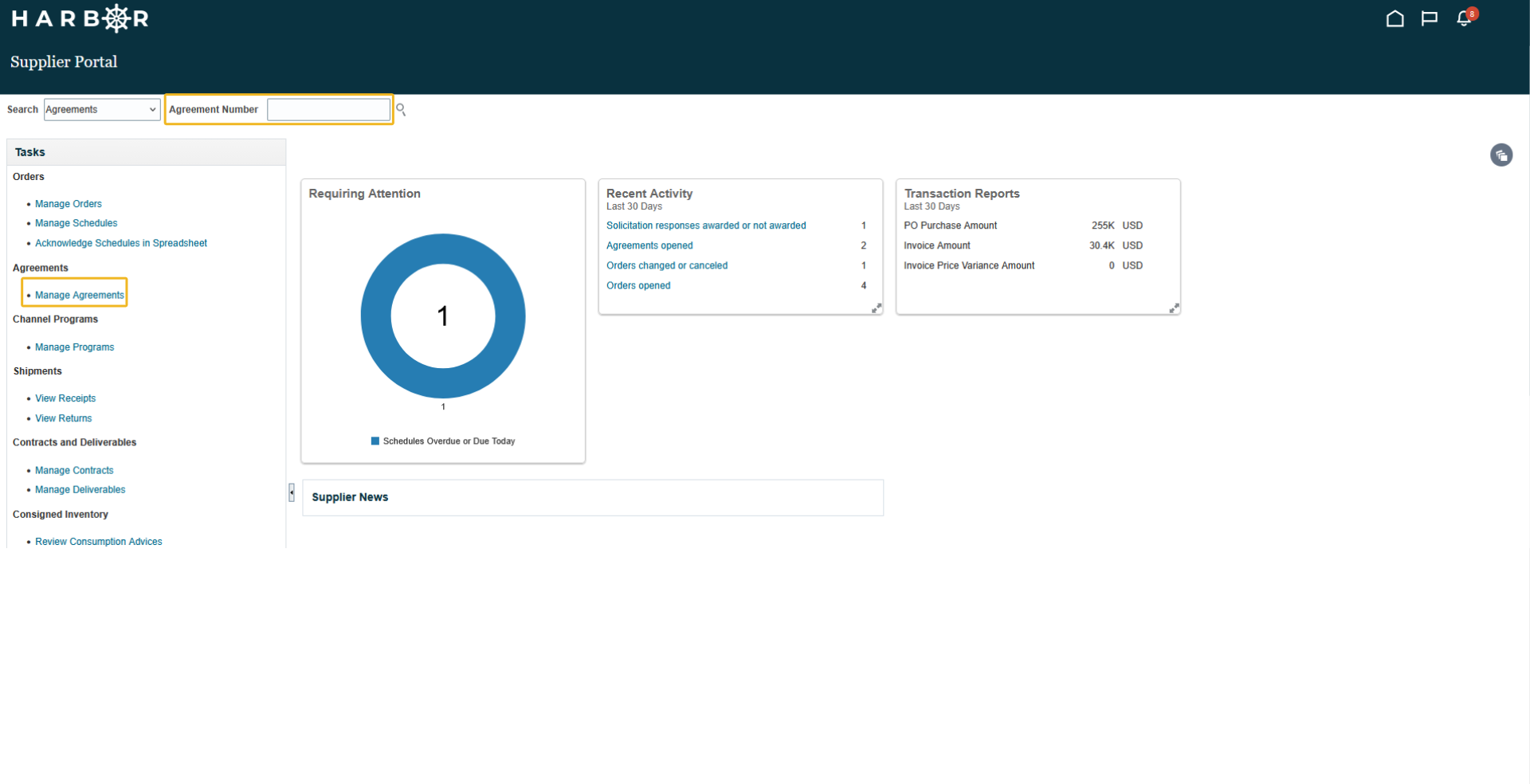 The "3 - managing agreements.png" image shows the HARBOR Supplier Portal dashboard with "Manage Agreements" highlighted in the sidebar.