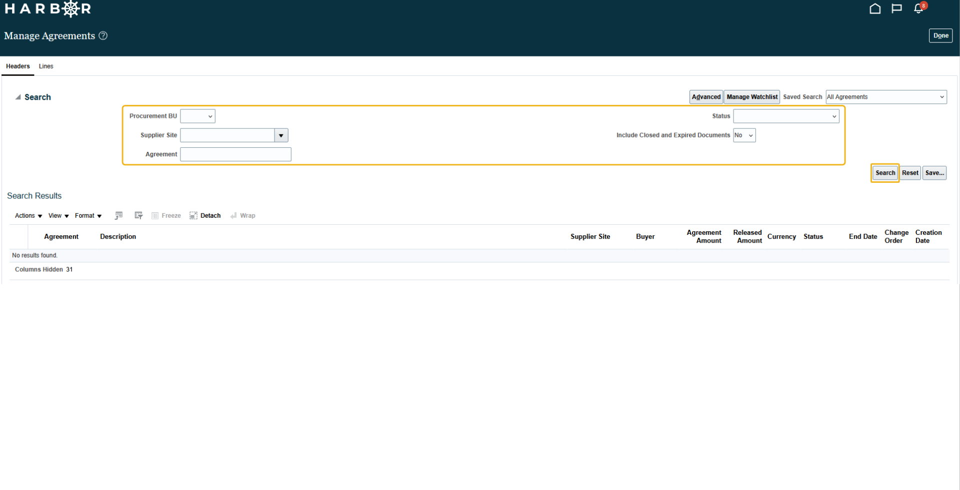 The "4 - managing agreements.png" image shows the HARBOR "Manage Agreements" search fields and "Search" button highlighted in yellow.