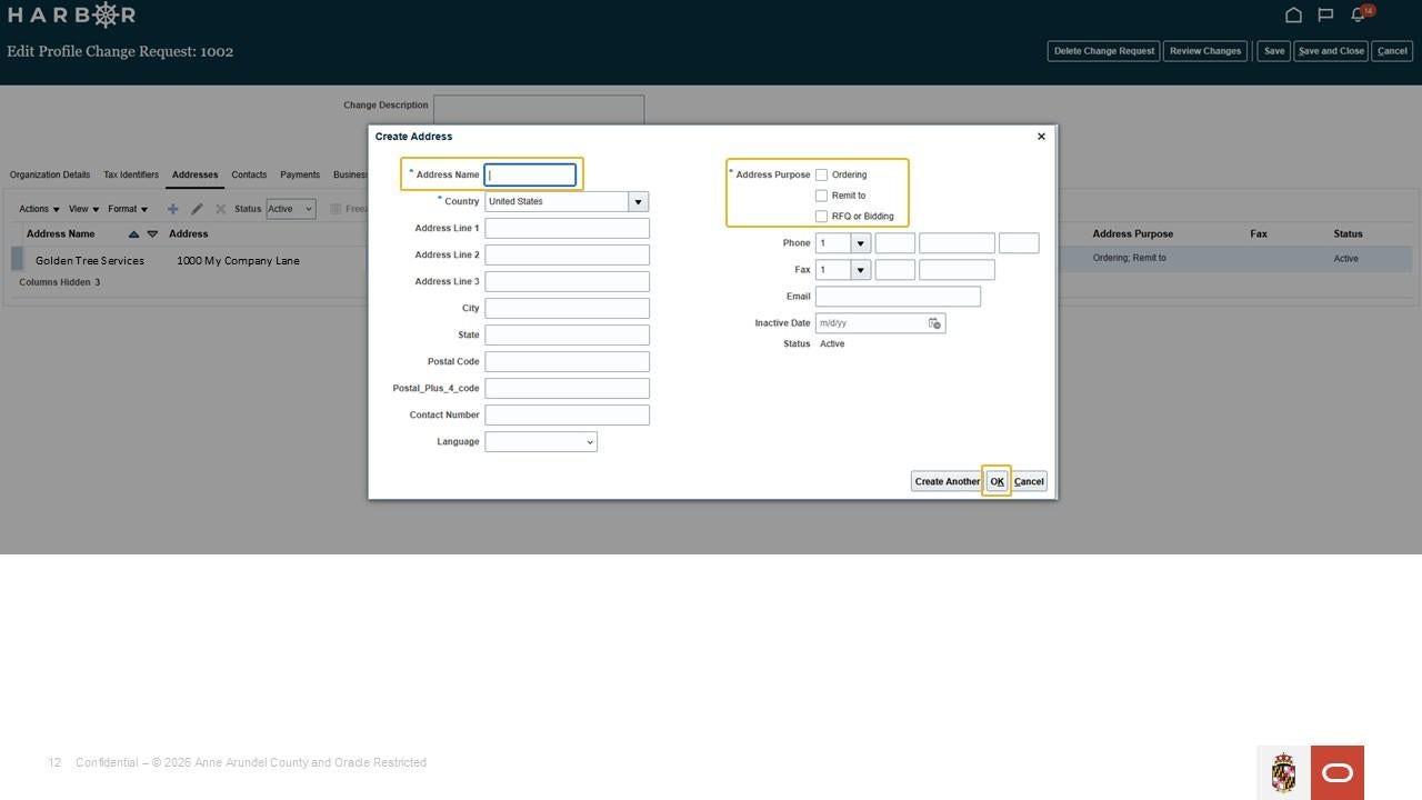 The "Manage Co Profiles 10.jpg" image shows a "Create Address" pop-up overlay on the HARBOR page with entry fields and an OK button.