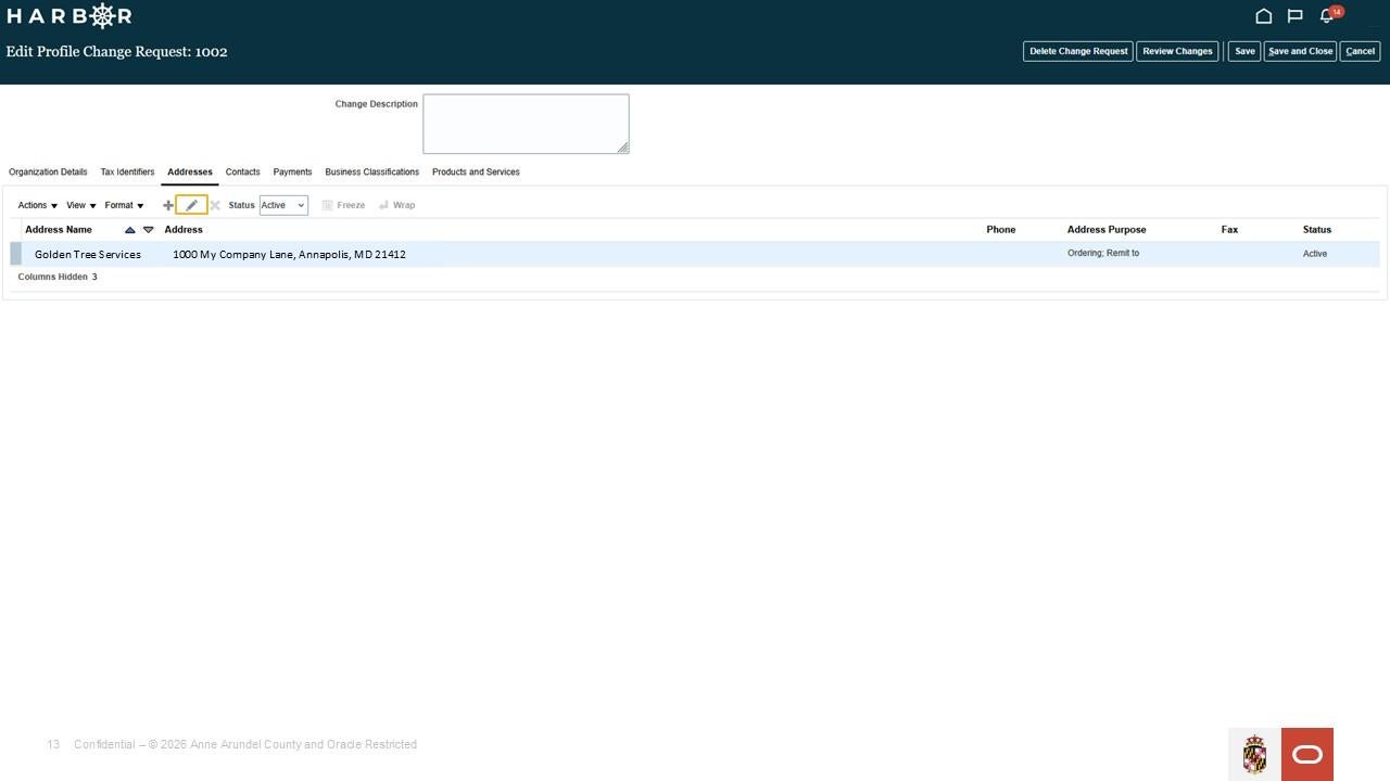 The "Manage Co Profiles 11.jpg" image shows the HARBOR "Edit Profile Change Request" page with a pencil edit icon highlighted.