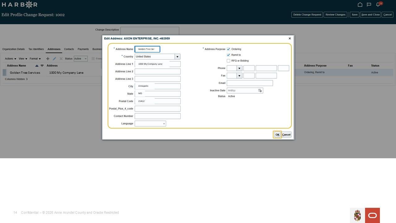 The "Manage Co Profiles 12.jpg" image shows an "Edit Address" pop-up overlay on the HARBOR form with filled fields and an OK button.