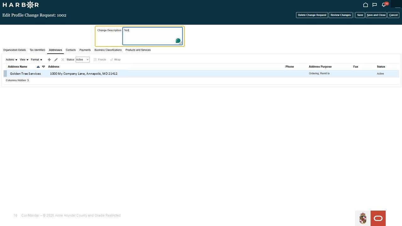 The "Manage Co Profiles 8.jpg" image shows the HARBOR "Edit Profile Change Request" page with a highlighted "Change Description" field.