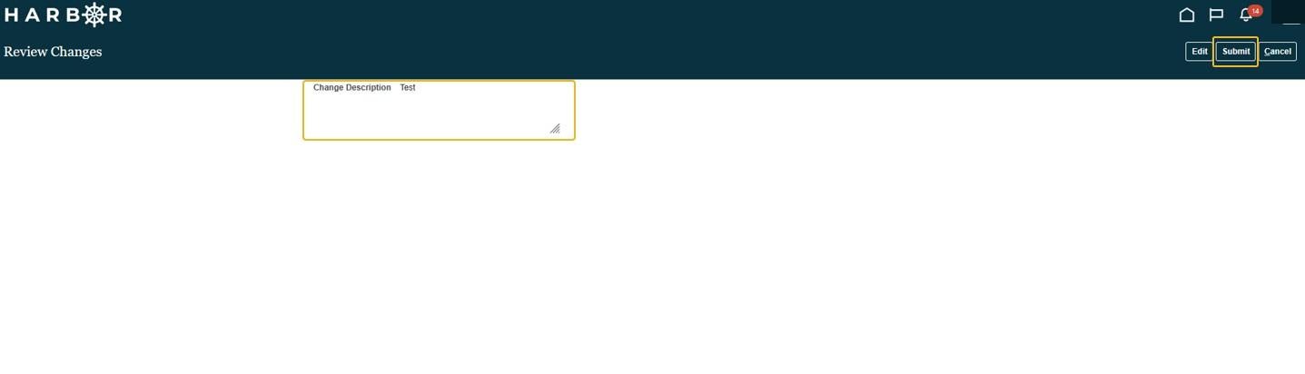 The "Manage Co Profiles 14.jpg" image shows the HARBOR "Review Changes" page with the "Submit" button highlighted in yellow.