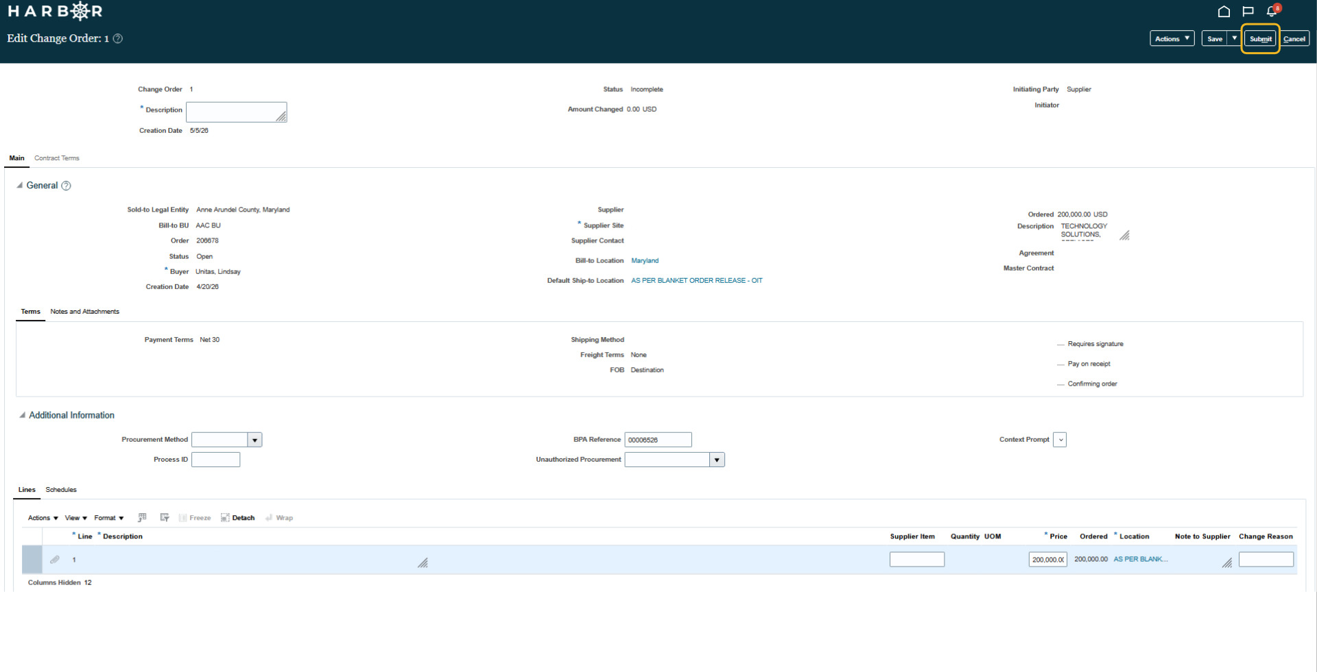 The "10 - manage orders.png" image shows the HARBOR "Edit Change Order" page with the "Submit" button highlighted in yellow.