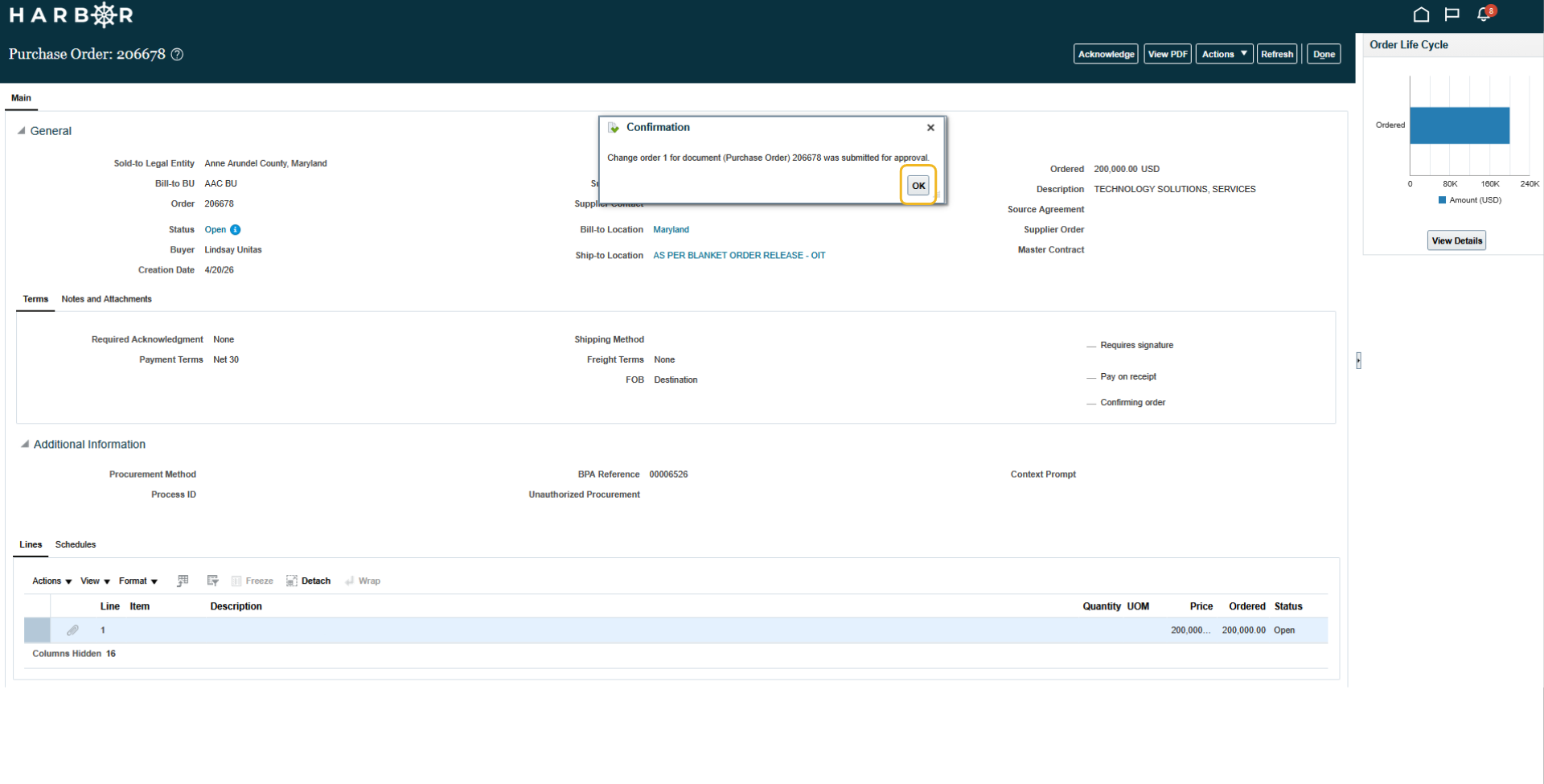 The "11 - manage orders.png" image shows the HARBOR Purchase Order page with a highlighted submission "Confirmation" pop-up box.