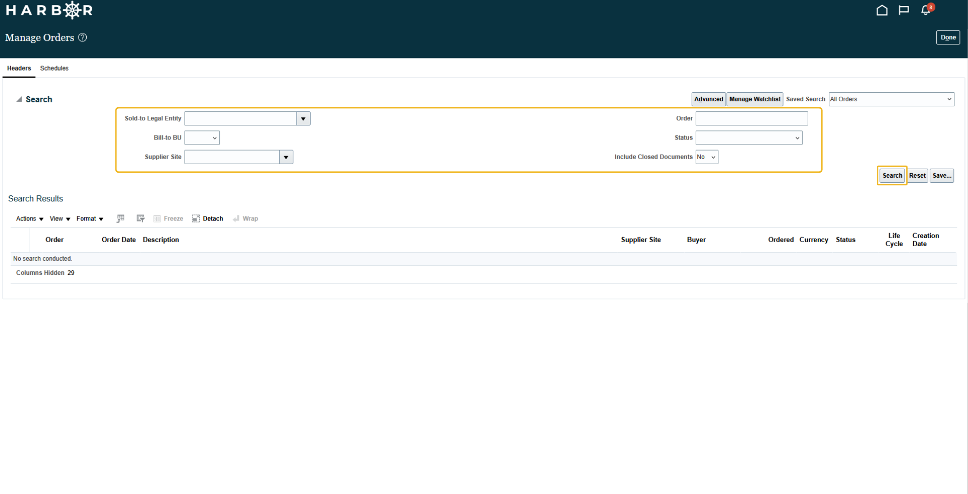 The "4 - manage orders.png" image shows the HARBOR "Manage Orders" search fields and "Search" button highlighted in yellow.