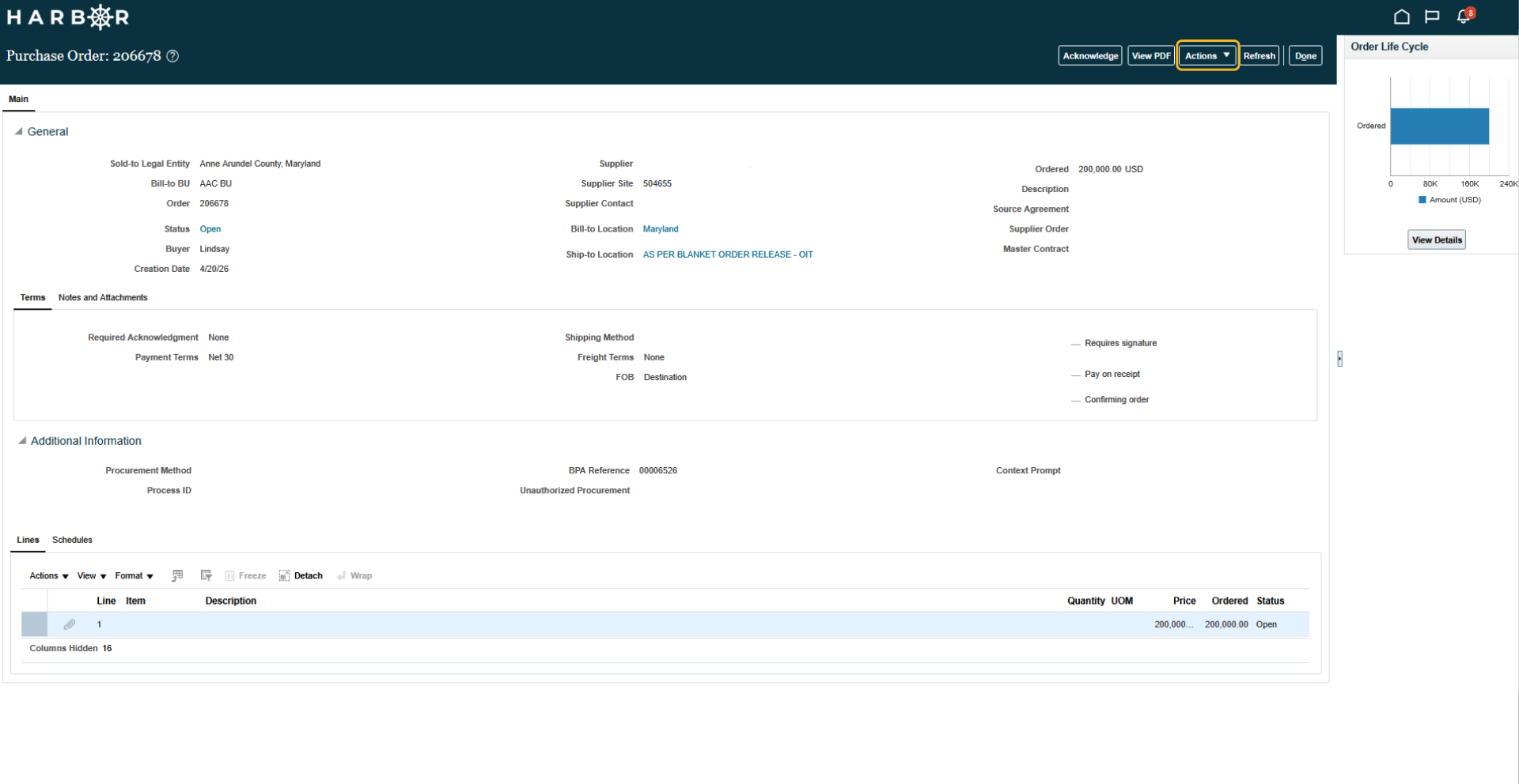 The "6 - manage orders.png" image shows the HARBOR Purchase Order details page with the "Actions" dropdown menu highlighted in yellow.