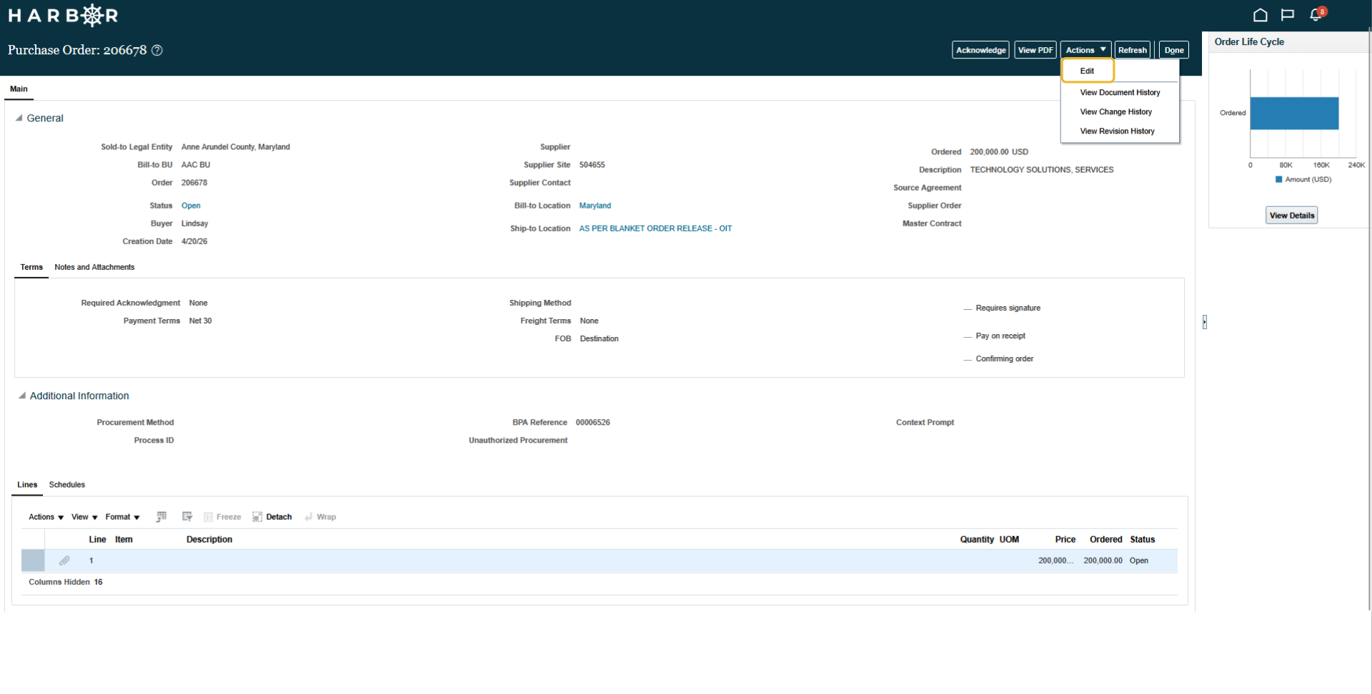 The "7 - manage orders.png" image shows the HARBOR Purchase Order details page with the "Edit" dropdown option highlighted in yellow.