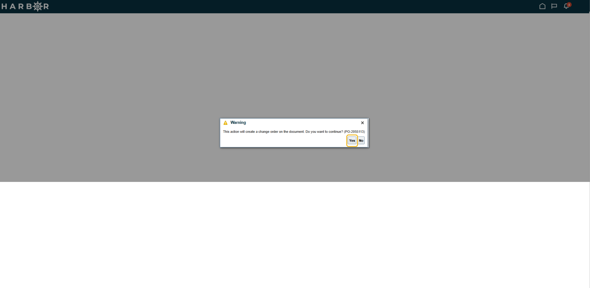 The "8 - manage orders.png" image shows a HARBOR warning pop-up window with the "Yes" confirmation button highlighted in yellow.