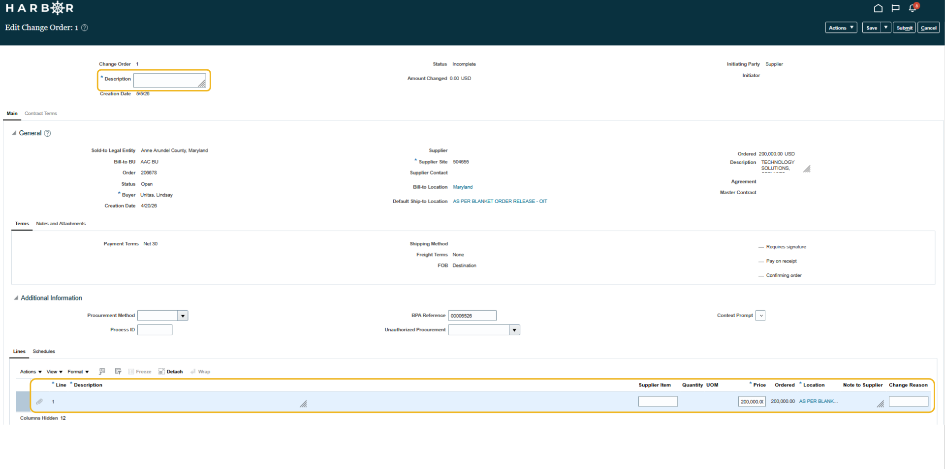 The "9 - manage orders.png" image shows the HARBOR "Edit Change Order" page with Description and Line details highlighted in yellow.