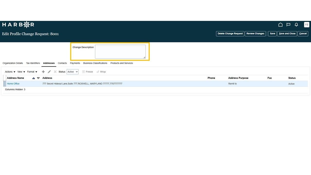 Edit Profile Change Request screen with Edit Description box highlighted in yellow