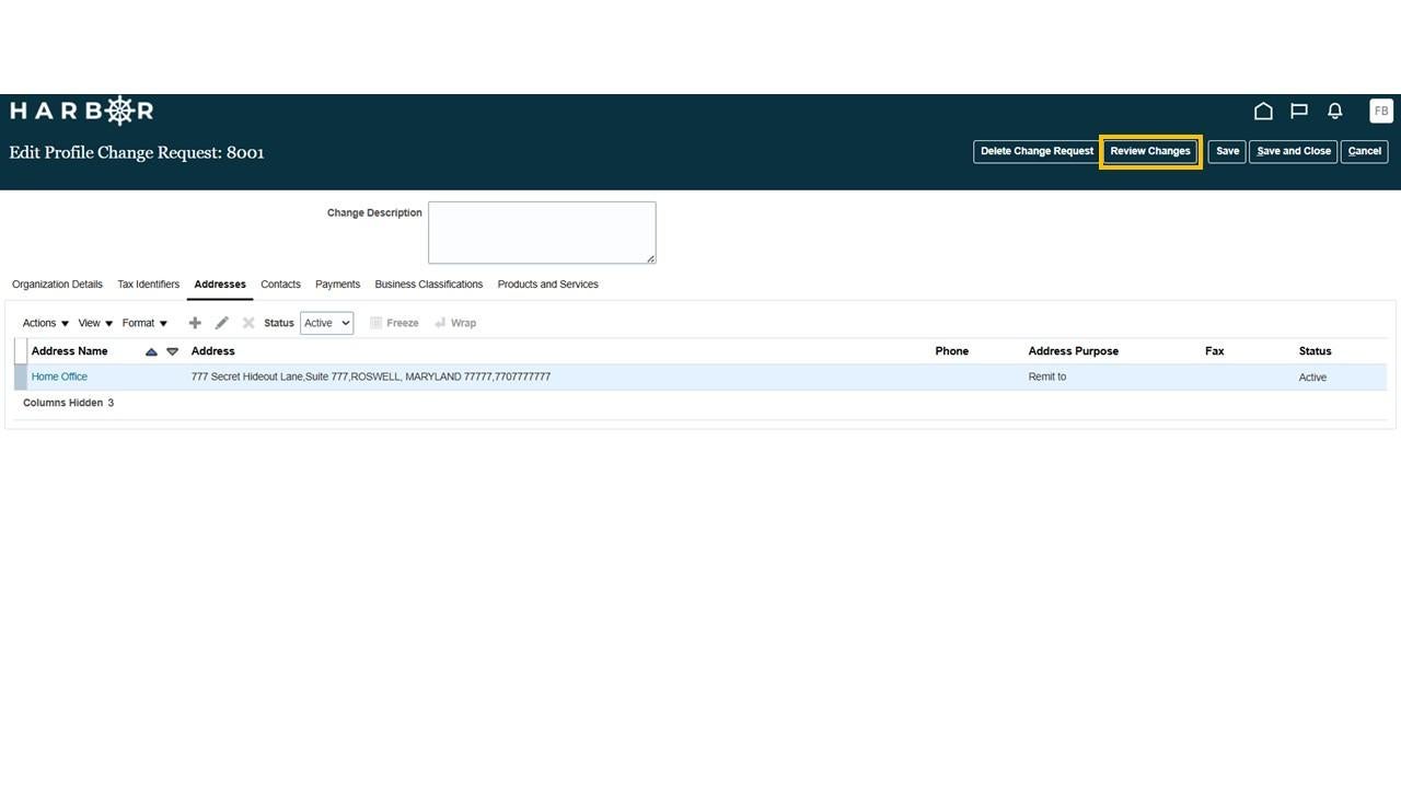 Edit Profile change request screen with the "Review Changes" button highlighted in yellow