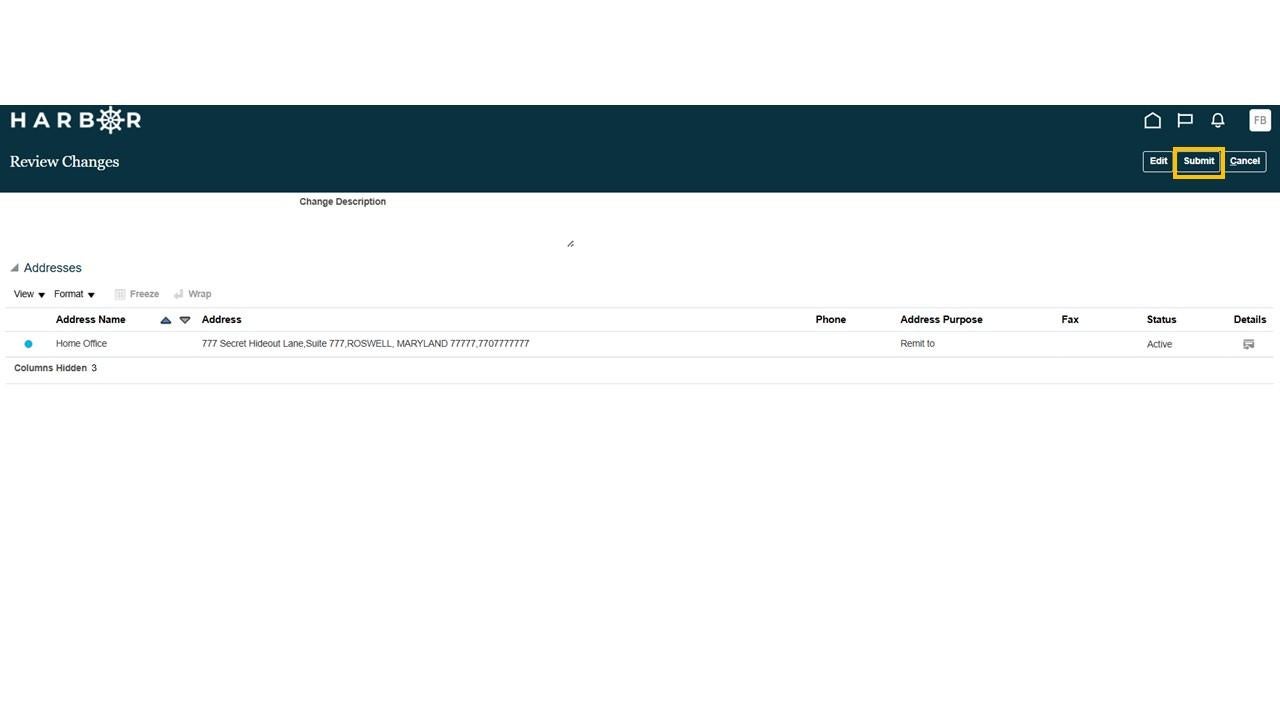 Review changes screen with a table containing the address