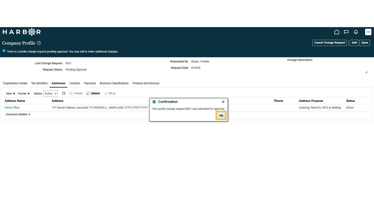 The company profile screen with a popup confirmation message