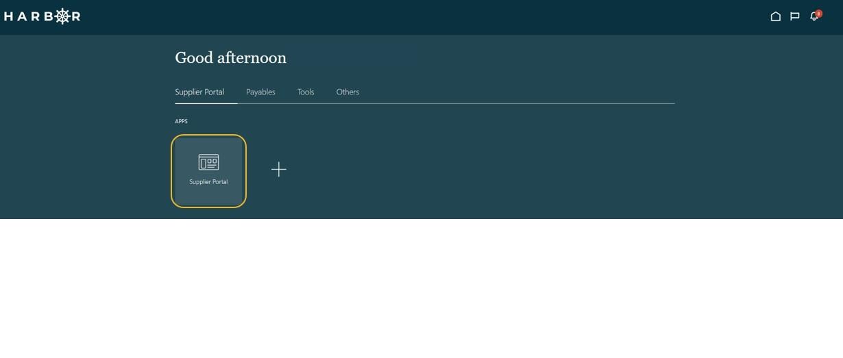 Harbor main screen with Supplier Portal tile highlighted yellow