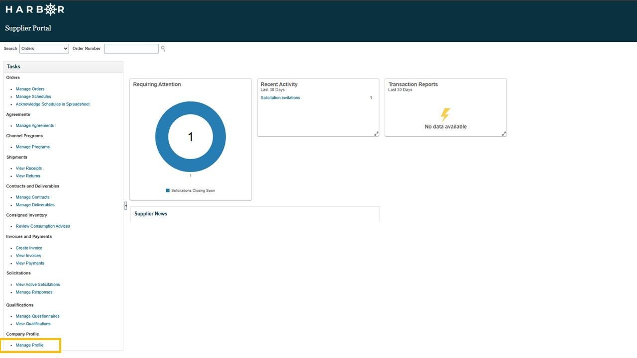 Main supplier portal screen with the Manage Profile link in bottom left highlighted in yellow