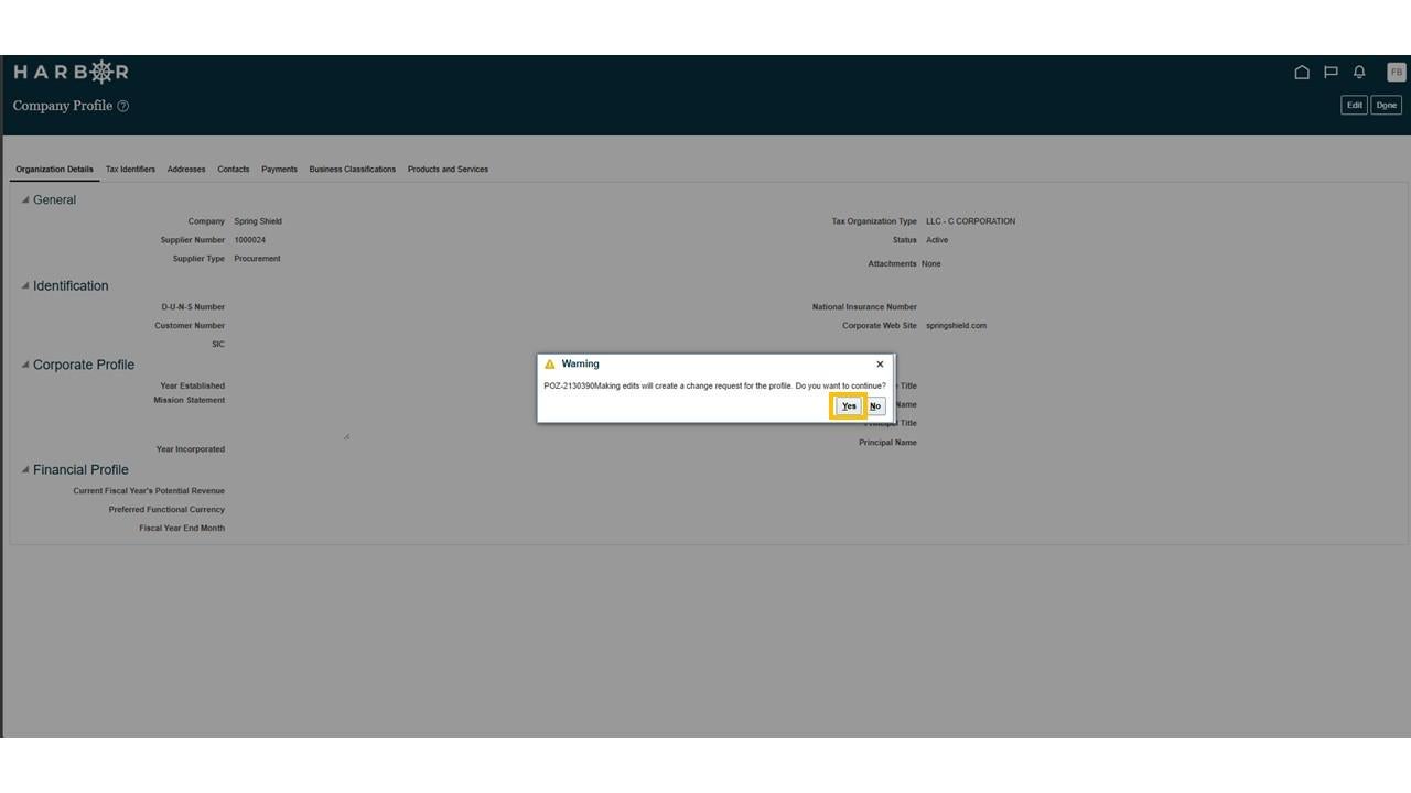 Harbor Company Profile screen with popup dialog requesting confirmation to changes made