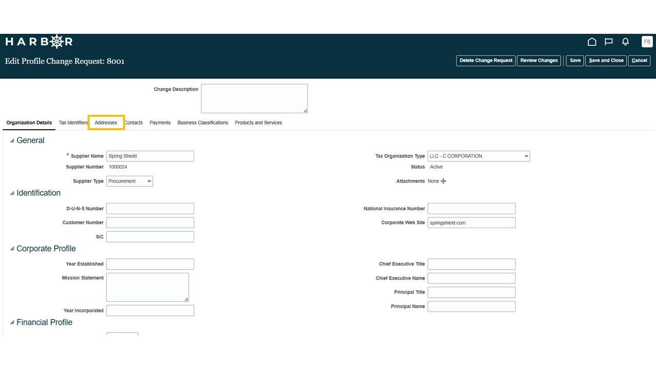 Edit profile request screen with the Addresses tab highlighted yellow