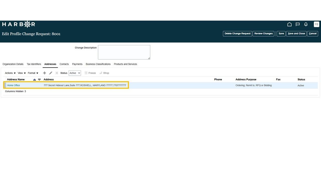 Edit company profile screen with a yellow highlight box around the address name and address columns 