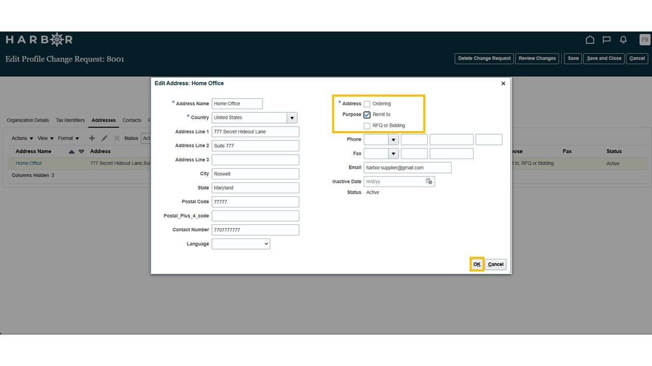 An Edit Address popup box with the Purpose "Remit To" checkbox highlighted and checked