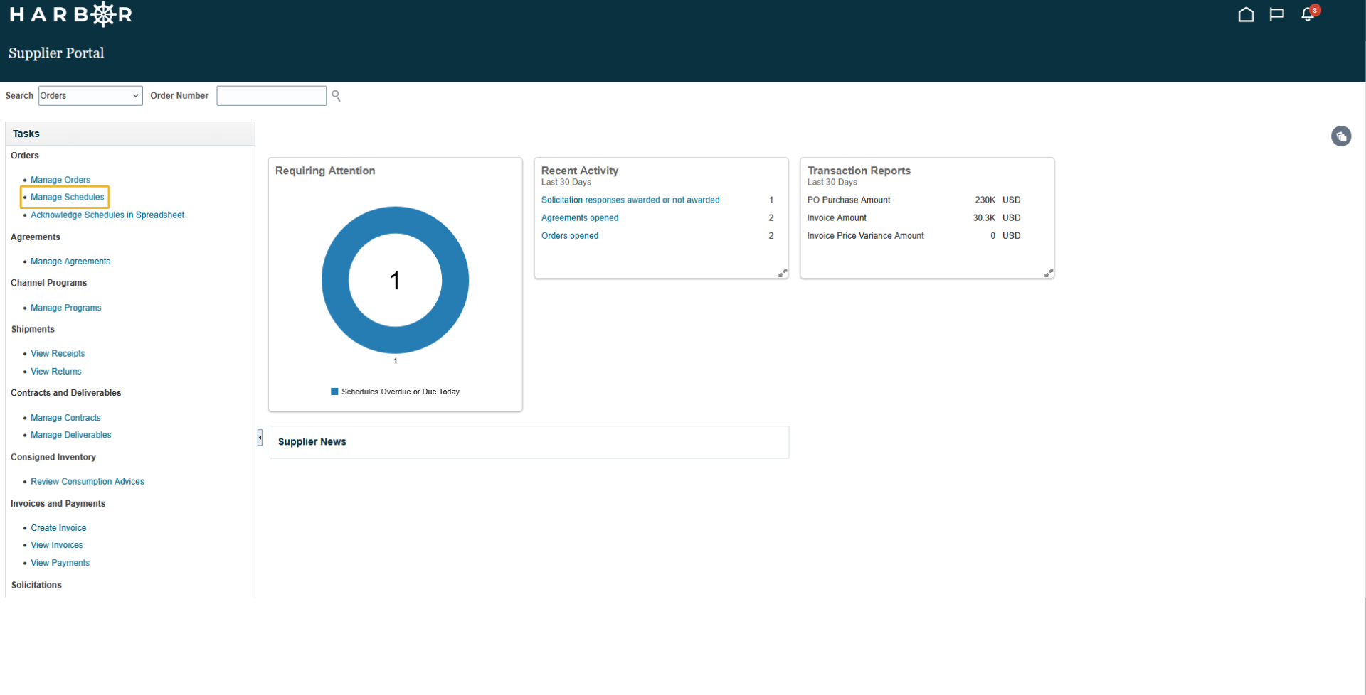 The "3 - Manage schedules.png" image shows the HARBOR Supplier Portal dashboard with "Manage Schedules" highlighted in the left sidebar.