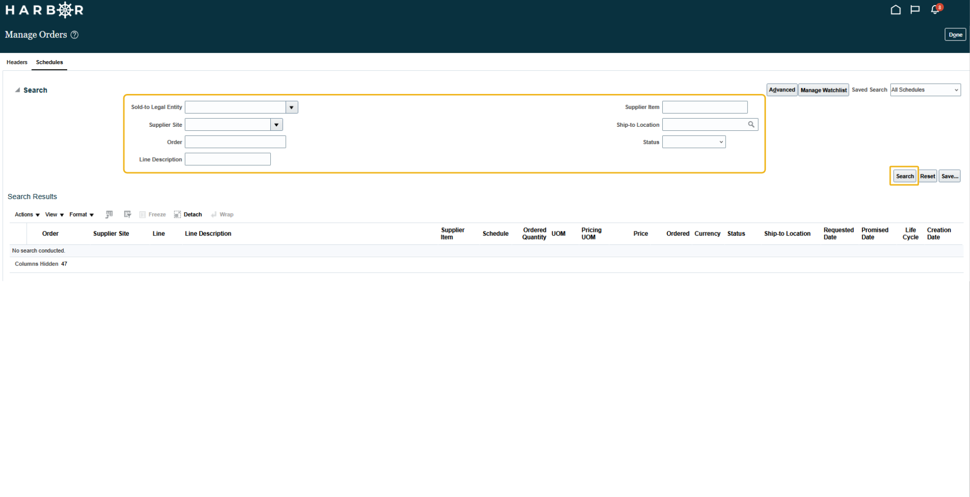 The "4 - Manage schedules.png" image shows the HARBOR "Manage Orders" page with the Schedules tab search fields and "Search" button highlighted in yellow.