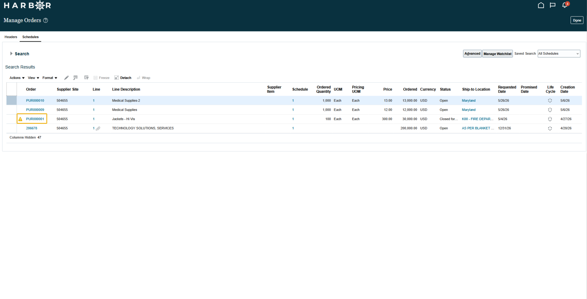 The "5 - Manage schedules.png" image shows the HARBOR Schedules search results table with order number "PUR000001" highlighted in yellow.