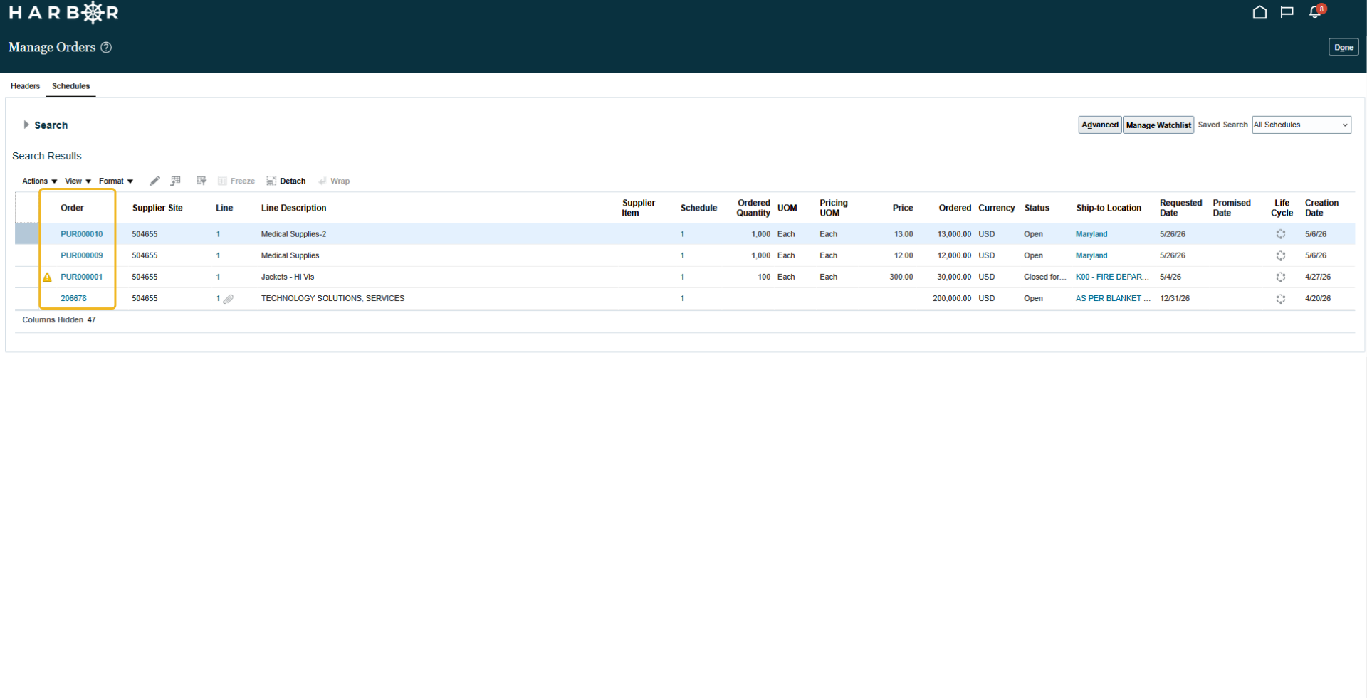 The "6 - Manage schedules.png" image shows the HARBOR Schedules search results table with the Order column highlighted in yellow.