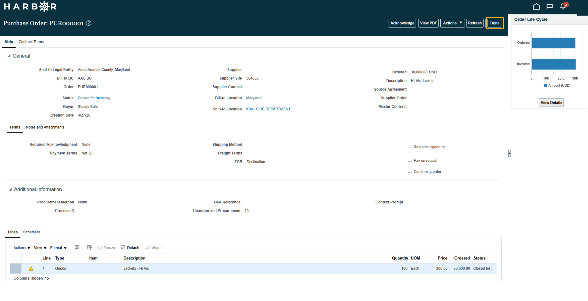 The "7 - Manage schedules.png" image shows a HARBOR Purchase Order details page with the "Done" button highlighted in yellow.