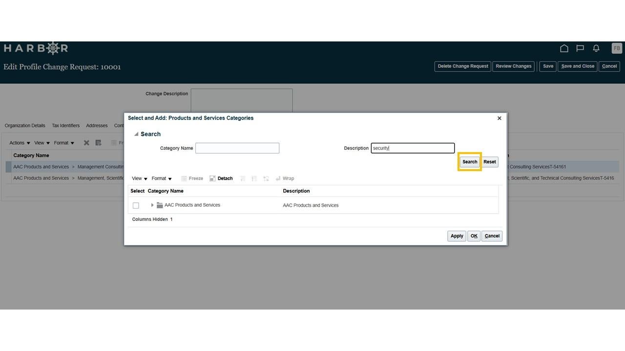 Harbor Edit Profile Change Request screen with a yellow box around "search" button