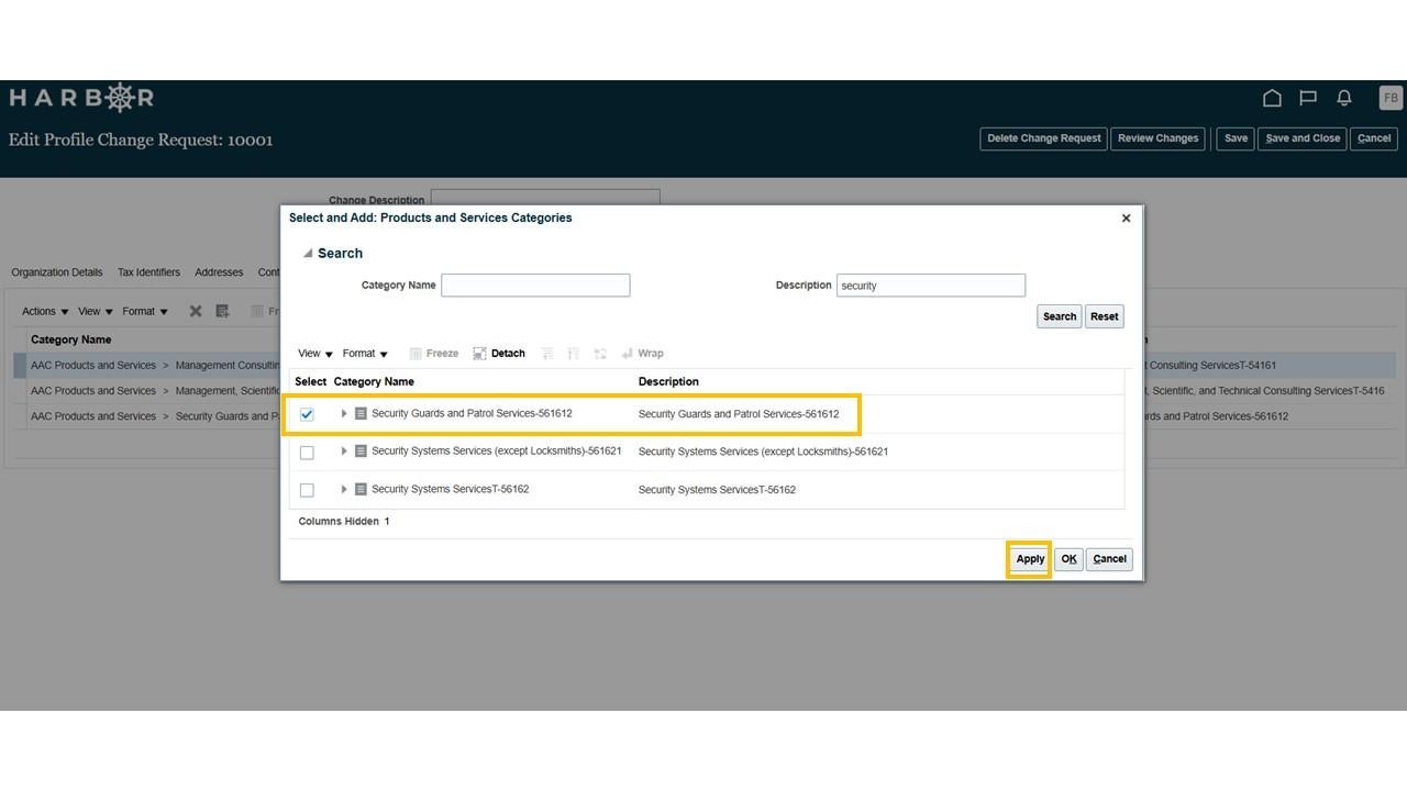Harbor Edit Profile screen with a yellow box around "Category Name & Description" and "Apply" button