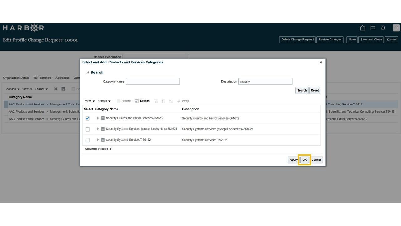 Harbor Edit Profile Change Request screen with a yellow box around "ok" button