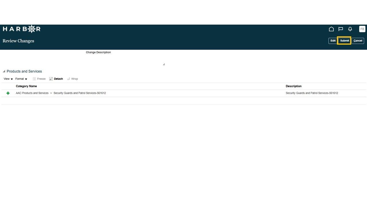 Harbor Review Changes screen with a yellow box around "Submit" button