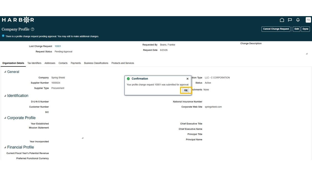 Harbor Company Profile screen with a confirmation pop-up properties box with a yellow box around the "OK" button