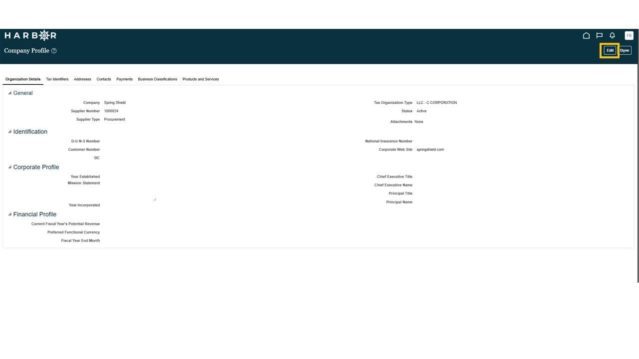 Harbor Company Profile screen with a yellow box around "Edit" button