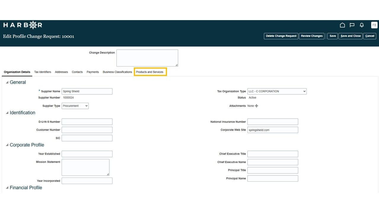 Harbor Edit Profile Change Request screen with a yellow box around "Products and Services"