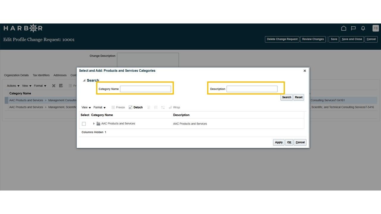 Harbor Edit Profile Change Request screen with a yellow box around "Category Name" field and "Description" field 