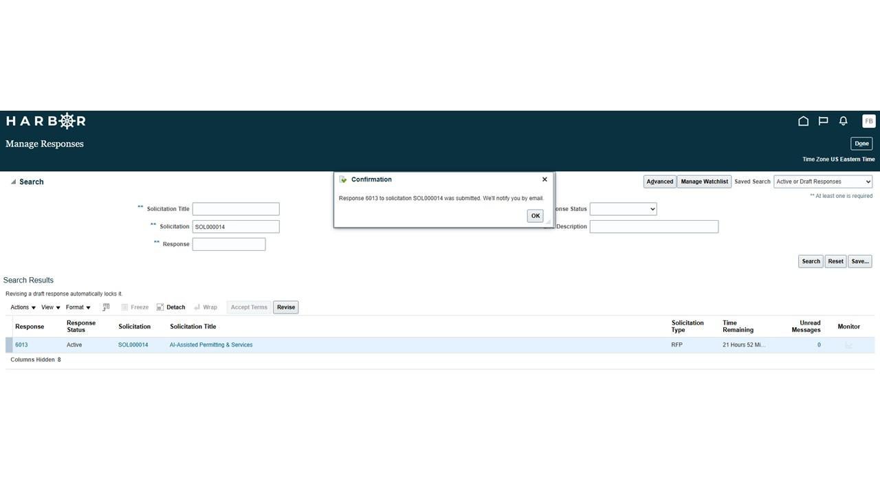A HARBOR success confirmation modal stating that Response 6013 to solicitation SOL000014 was submitted, with an OK button.