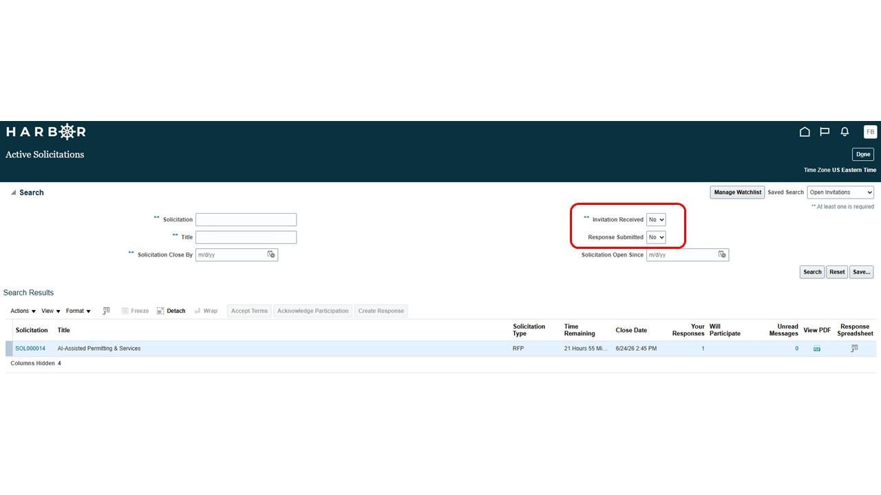 The HARBOR "Active Solicitations" search page with the "Invitation Received" and "Response Submitted" filters highlighted in red.