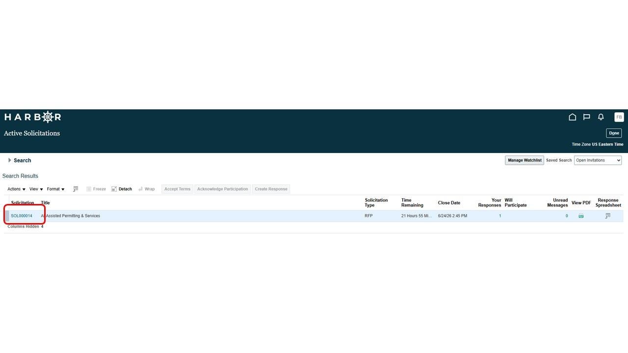 The HARBOR "Active Solicitations" search results page with solicitation number "SOL00014" highlighted in a red box.