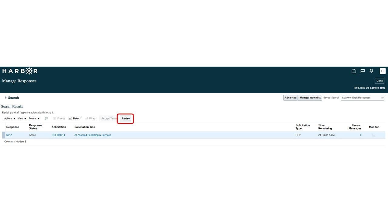 The HARBOR "Manage Responses" search results page with the "Revise" action button highlighted in a red box.