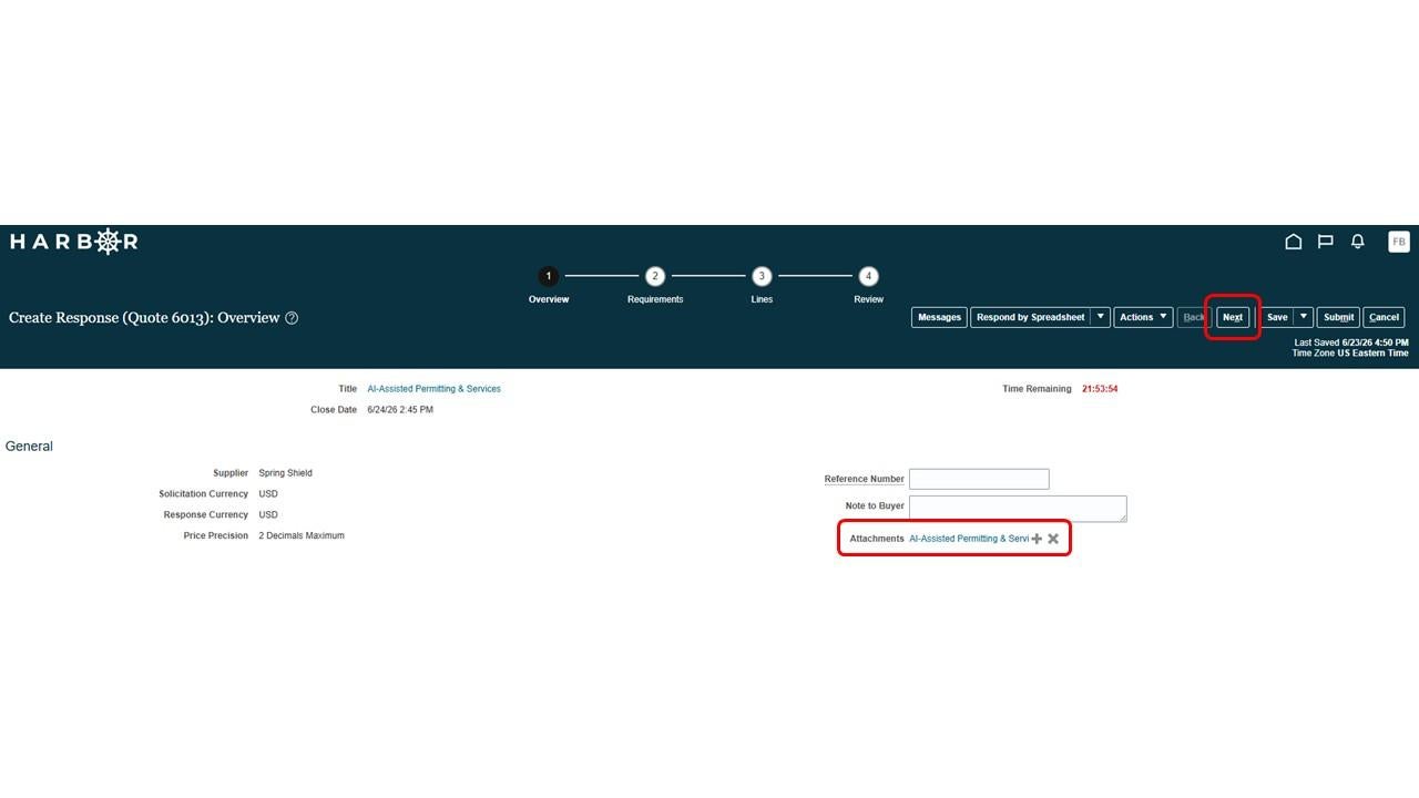 The HARBOR "Create Response: Overview" page for Quote 6013 with the attached file and the "Next" button highlighted in red.