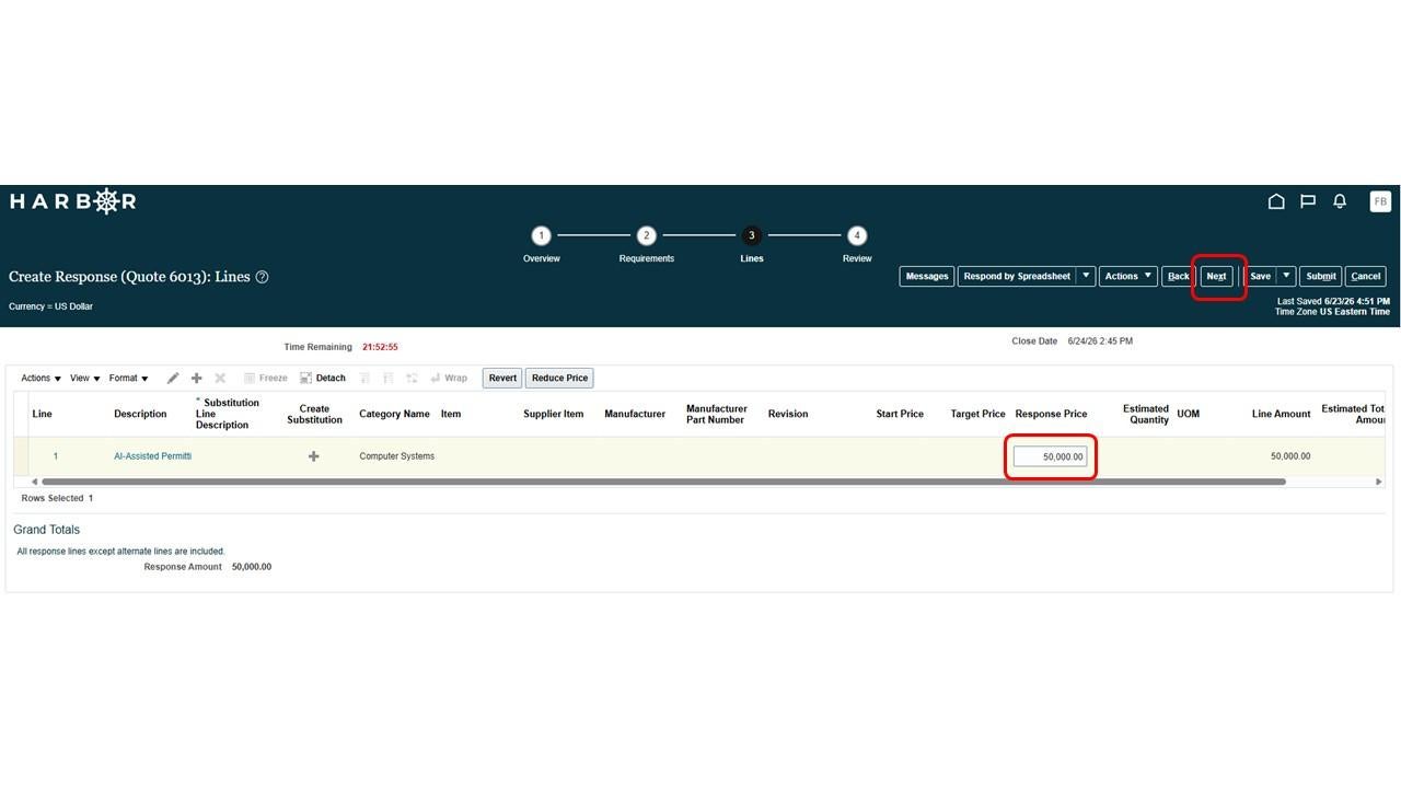 The HARBOR "Create Response: Lines" page for Quote 6013 with the "Response Price" field and the "Next" button highlighted in red.