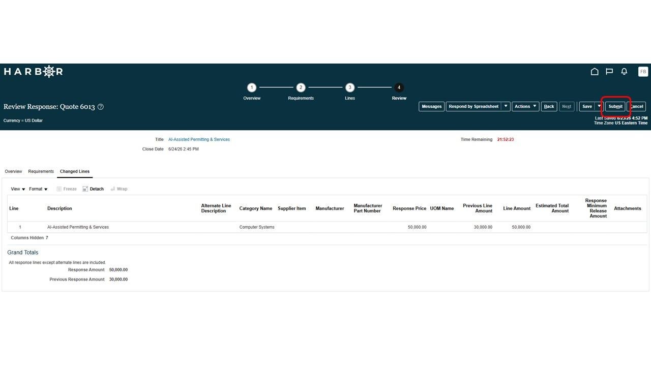 The HARBOR "Review Response: Quote 6013" page showing changed lines summary with the "Submit" button highlighted in red.